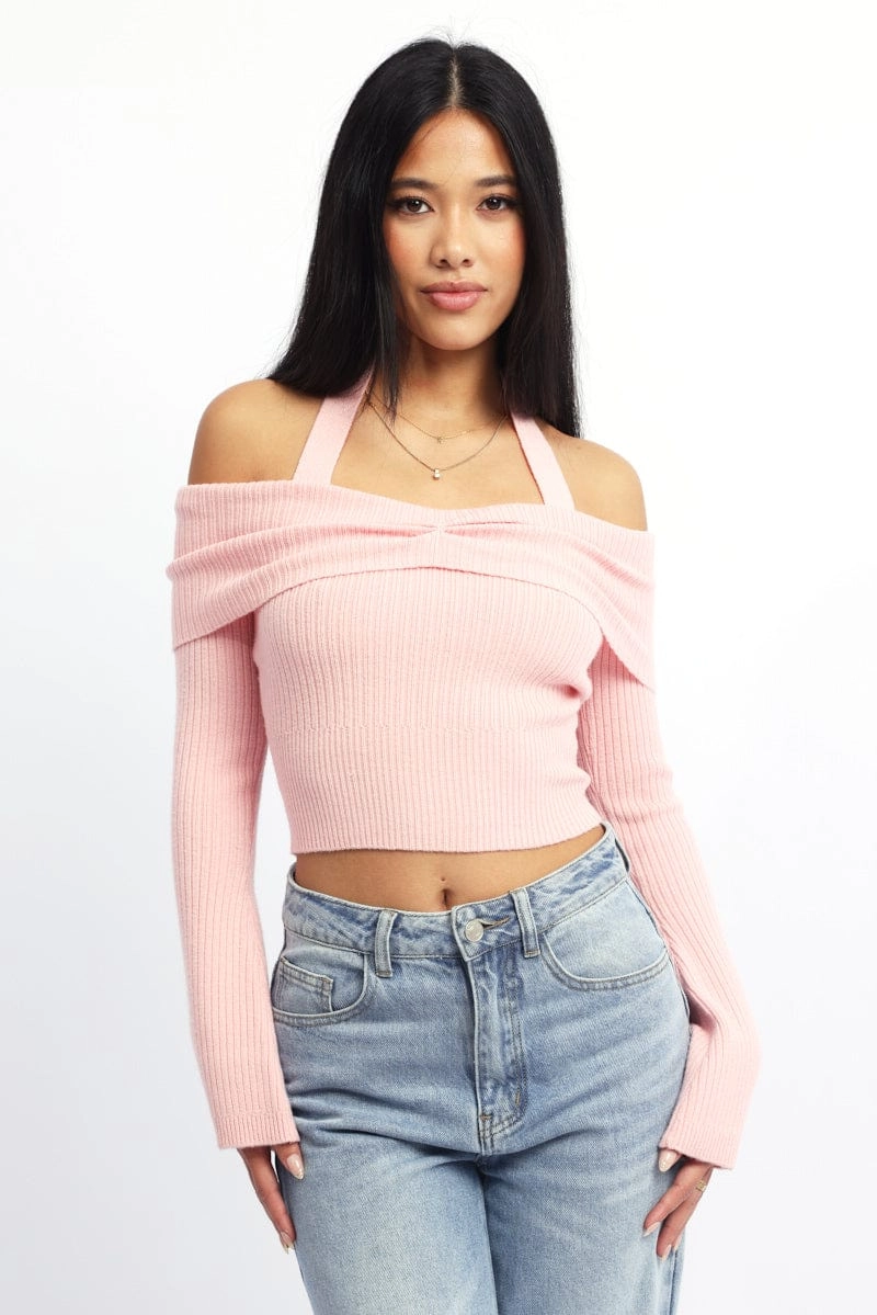 Pink Knit Top Long Sleeve Off Shoulder Halter