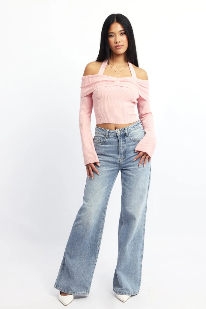 Pink Knit Top Long Sleeve Off Shoulder Halter