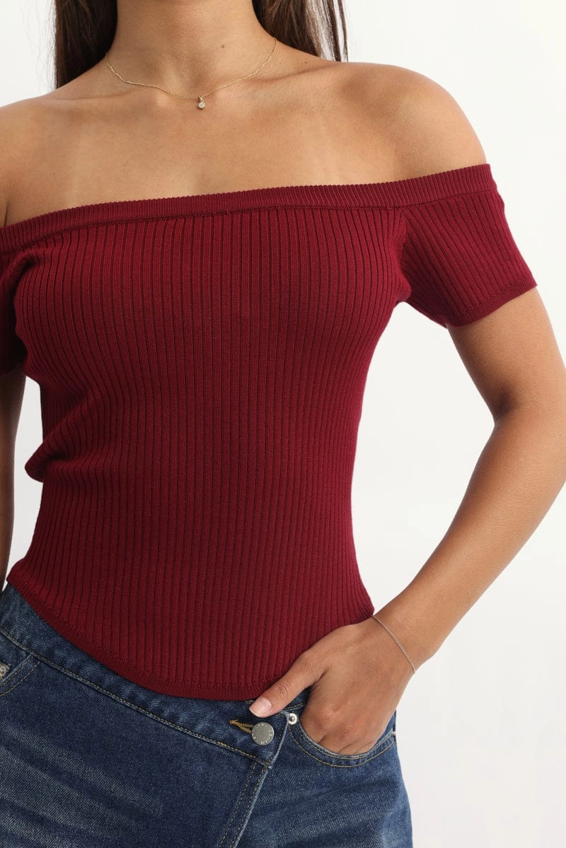 Red Bardot Knit Top Short Sleeve