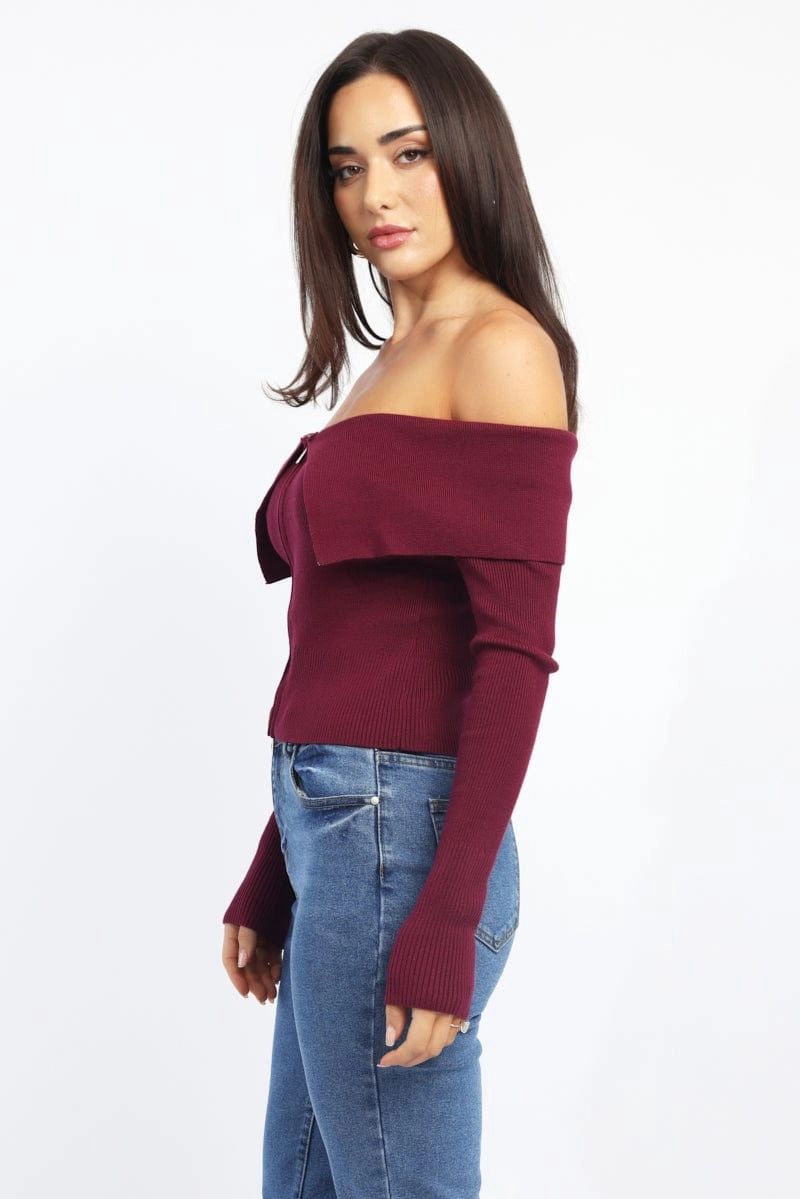 Red Cardigan Off Shoulder Zip Up