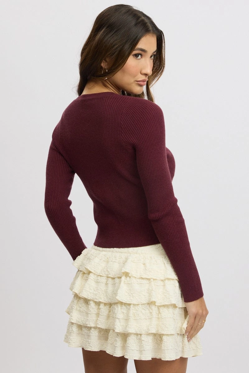 Red Knit Cardigan Long Sleeve Crew Neck Button Up