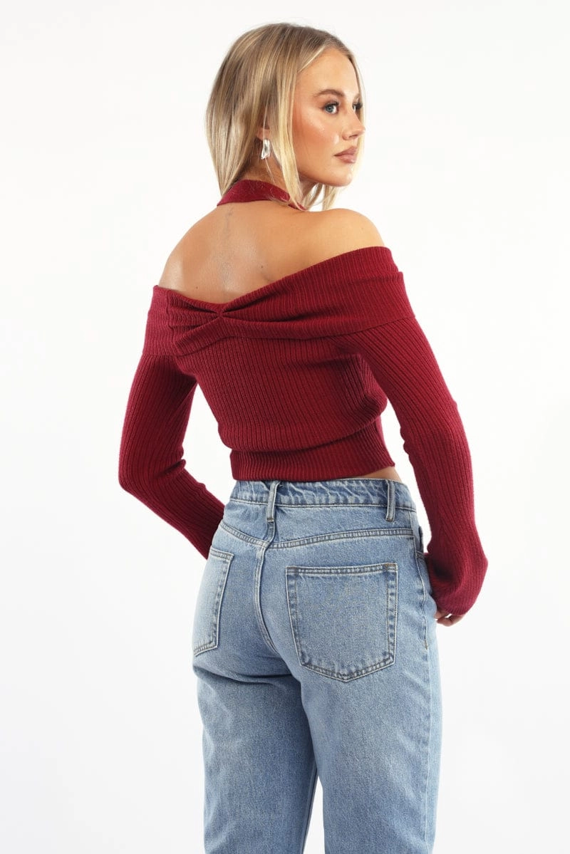 Red Knit Top Long Sleeve Off Shoulder Halter
