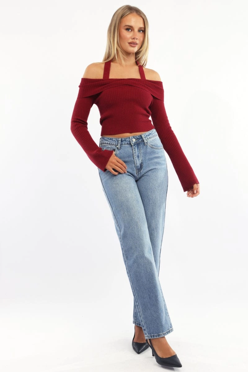 Red Knit Top Long Sleeve Off Shoulder Halter