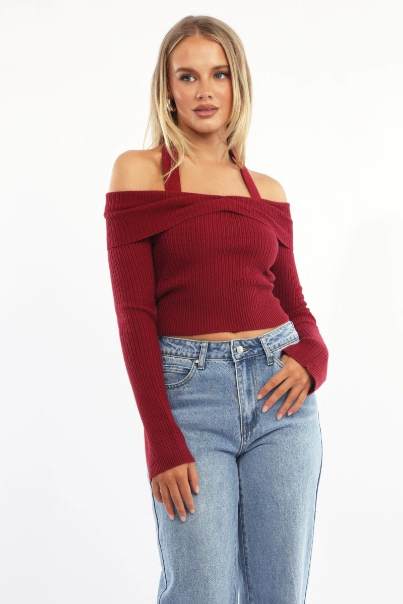 Red Knit Top Long Sleeve Off Shoulder Halter