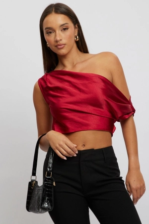 Red On Off Shoulder Satin Top