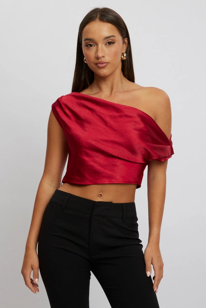Red On Off Shoulder Satin Top
