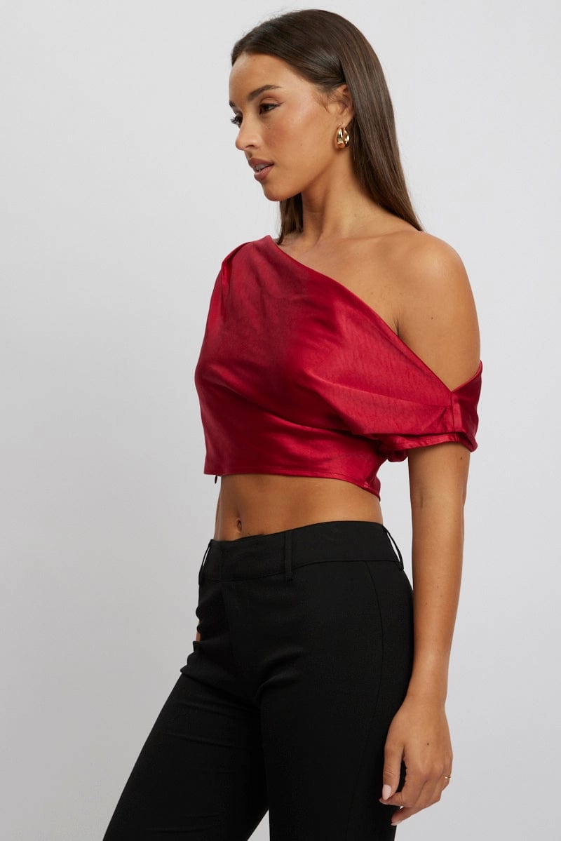 Red On Off Shoulder Satin Top