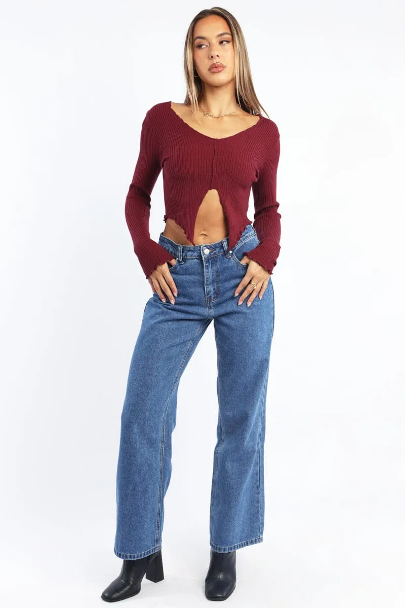 Red Rib Knit V-neck Long Sleeve Top