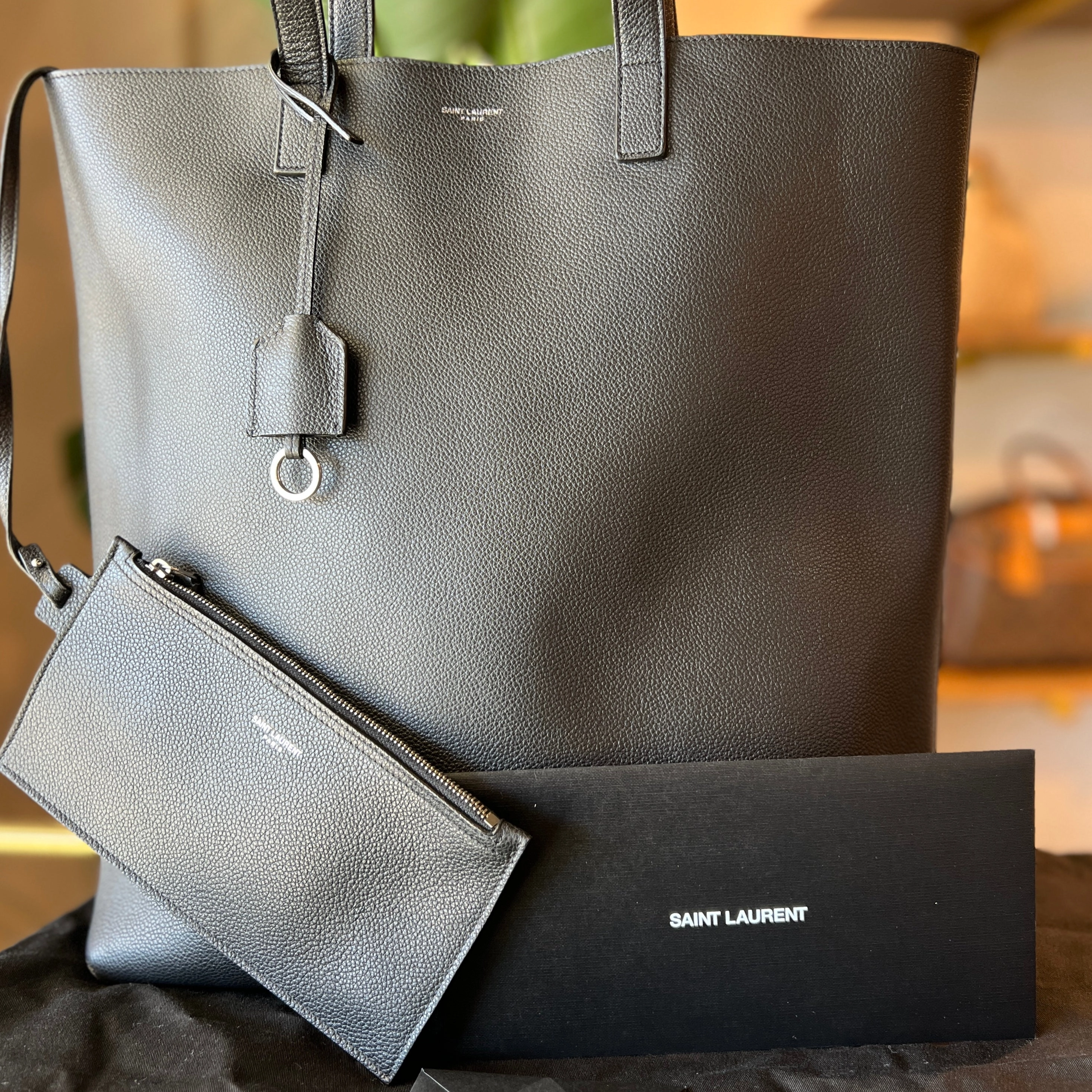 SAINT LAURENT Black Grained Leather N/S Shopping Tote