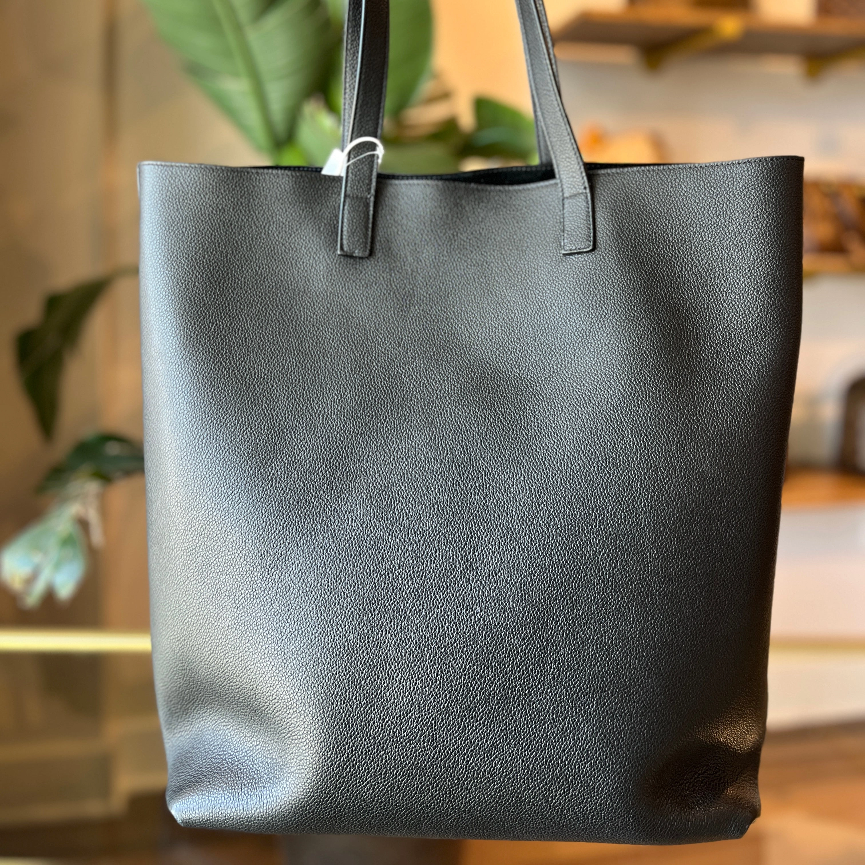 SAINT LAURENT Black Grained Leather N/S Shopping Tote