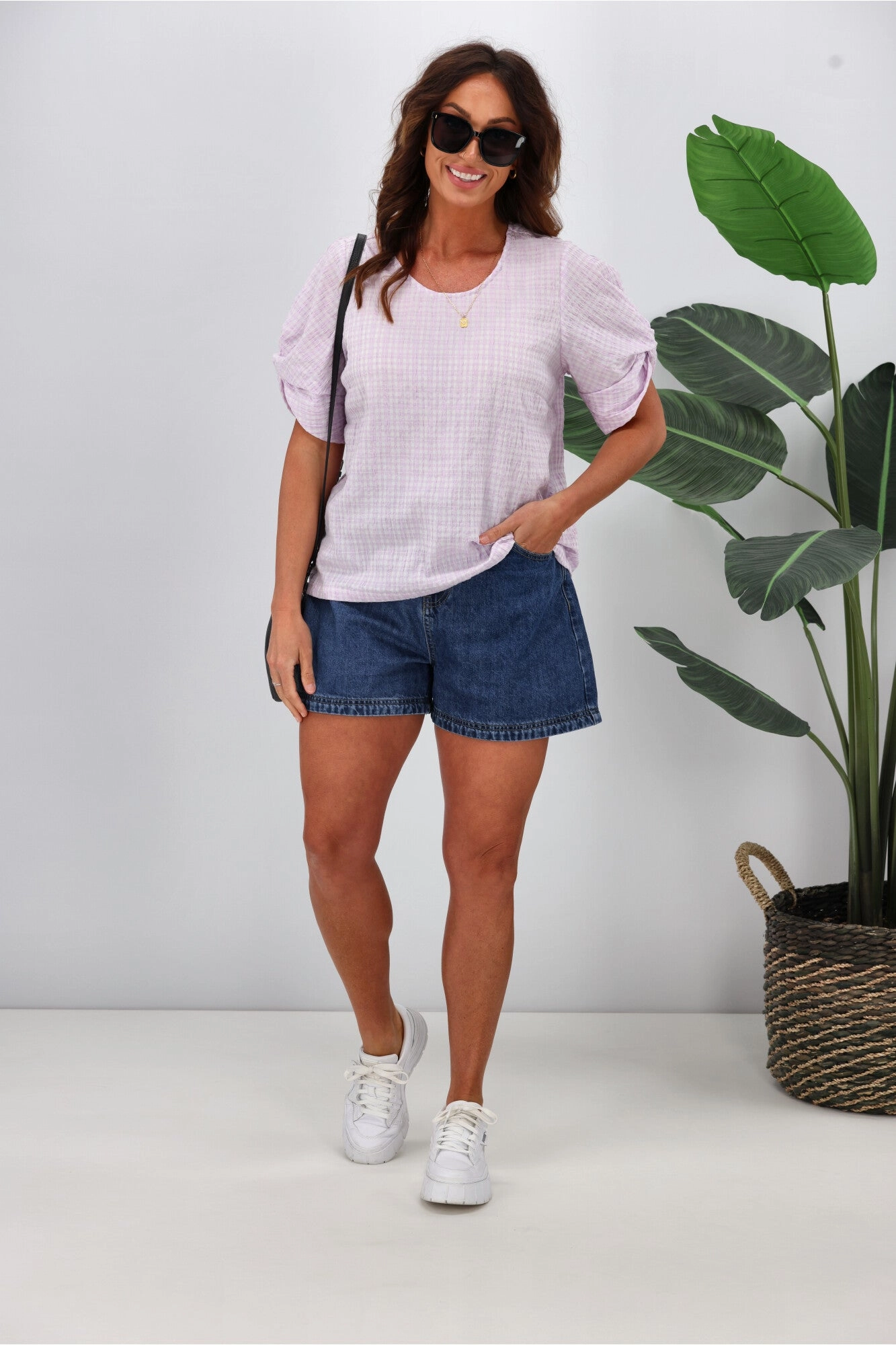 Shine On Label Johanna Twist Sleeve Checked Top Lilac