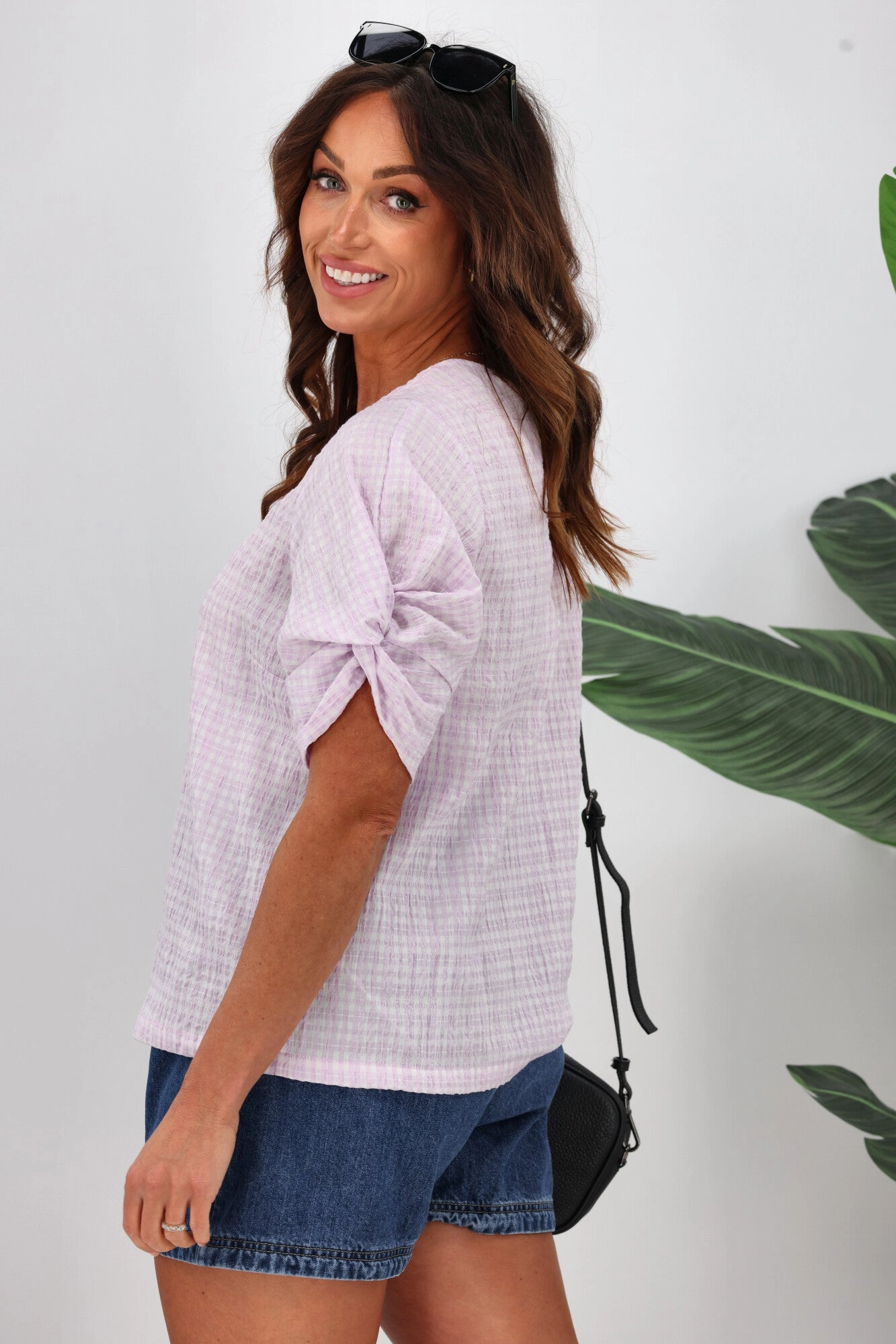 Shine On Label Johanna Twist Sleeve Checked Top Lilac