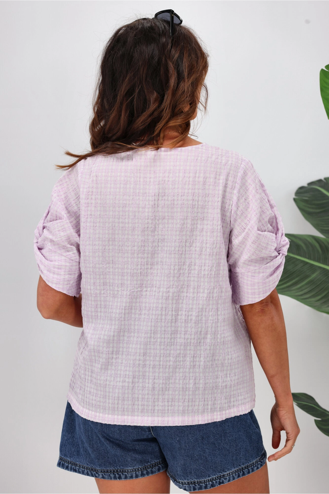 Shine On Label Johanna Twist Sleeve Checked Top Lilac