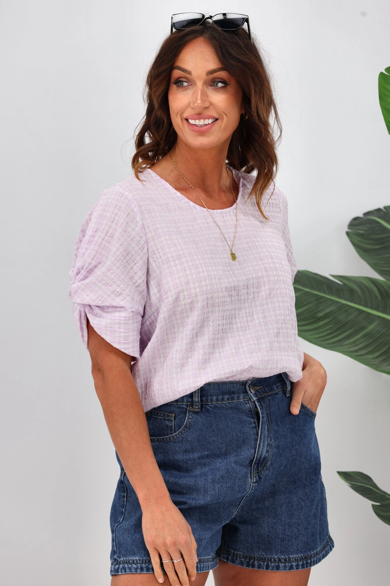 Shine On Label Johanna Twist Sleeve Checked Top Lilac