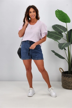 Shine On Label Johanna Twist Sleeve Checked Top Lilac