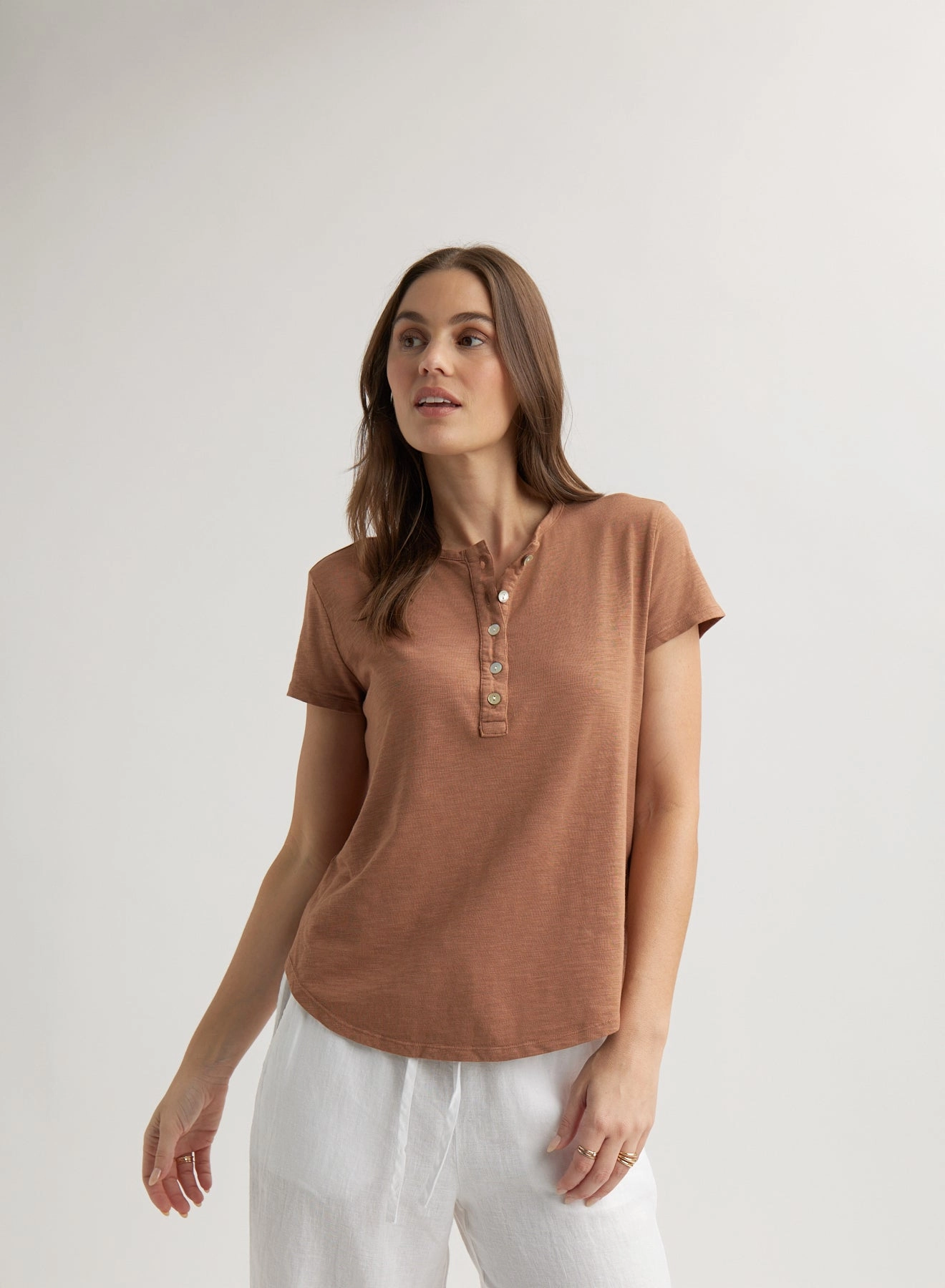 Short Sleeve Henley - Terracotta Brown