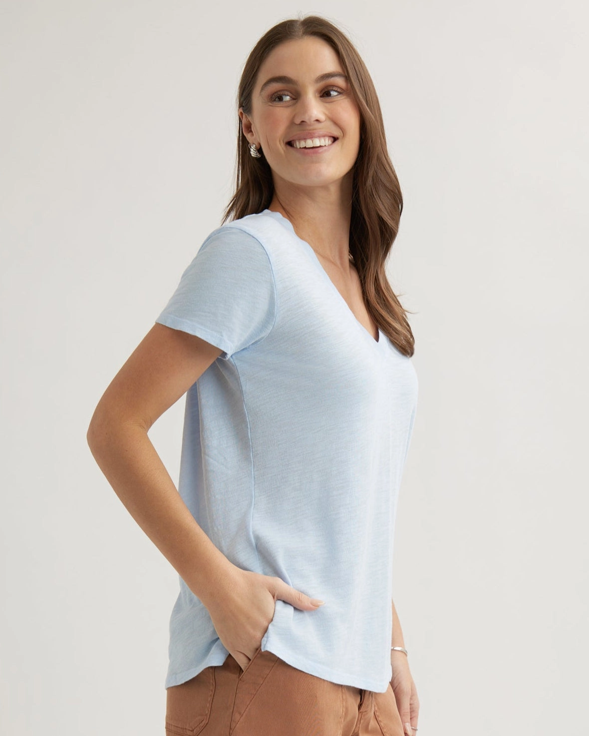 Side Slit V-Neck Tee - Perennial Blue