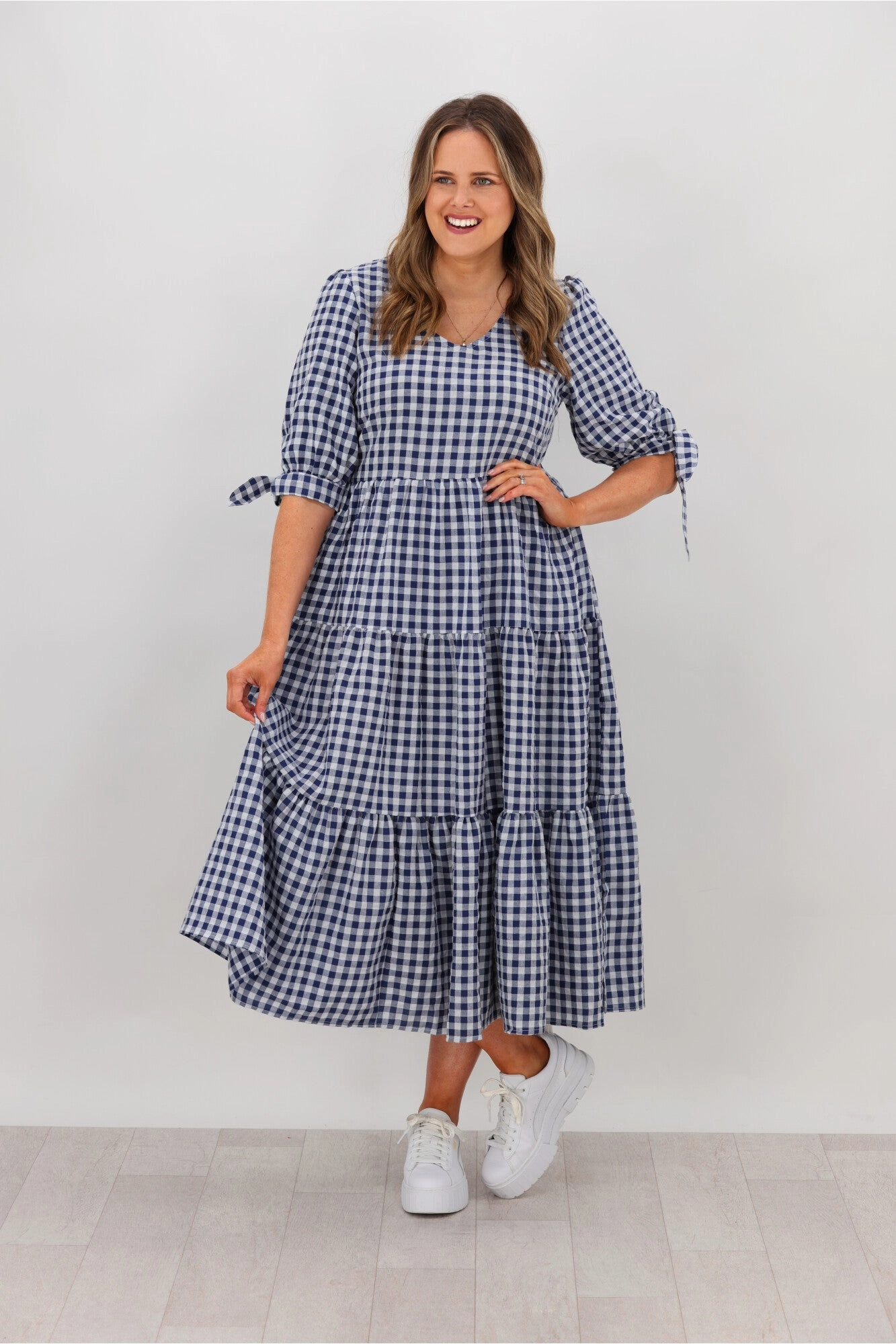 Silver Wishes Gingham Tier Midi Dress Navy