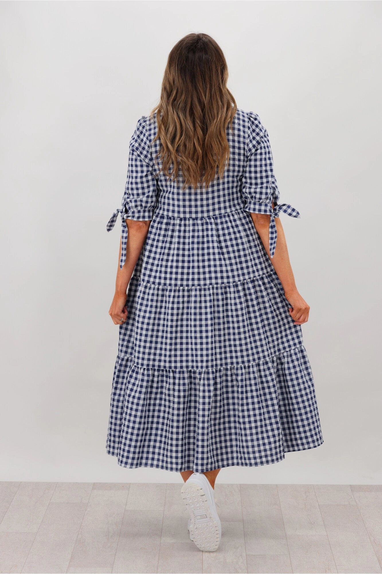 Silver Wishes Gingham Tier Midi Dress Navy