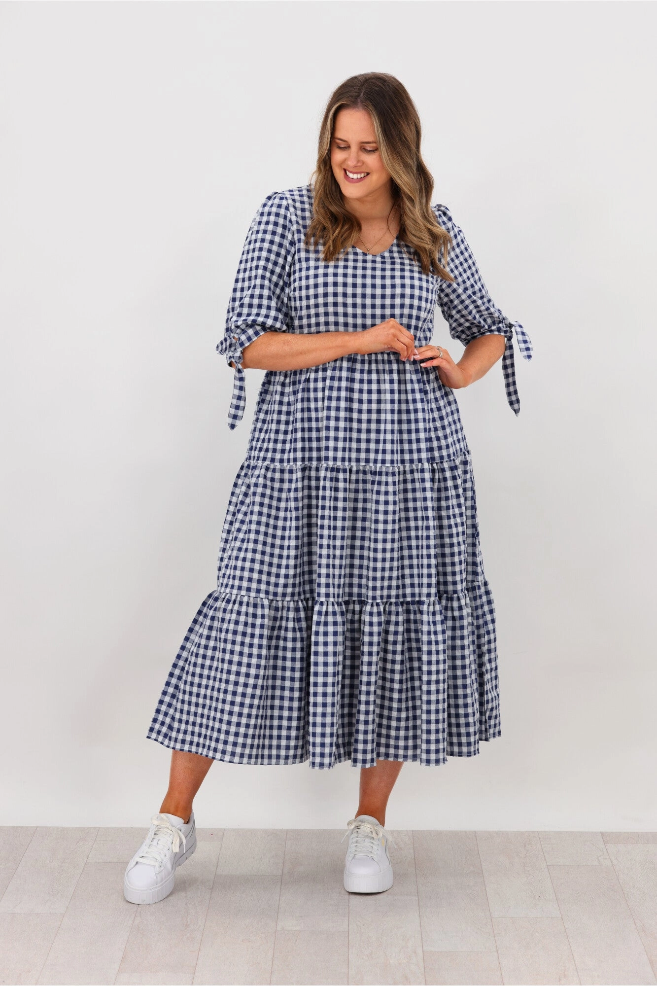 Silver Wishes Gingham Tier Midi Dress Navy