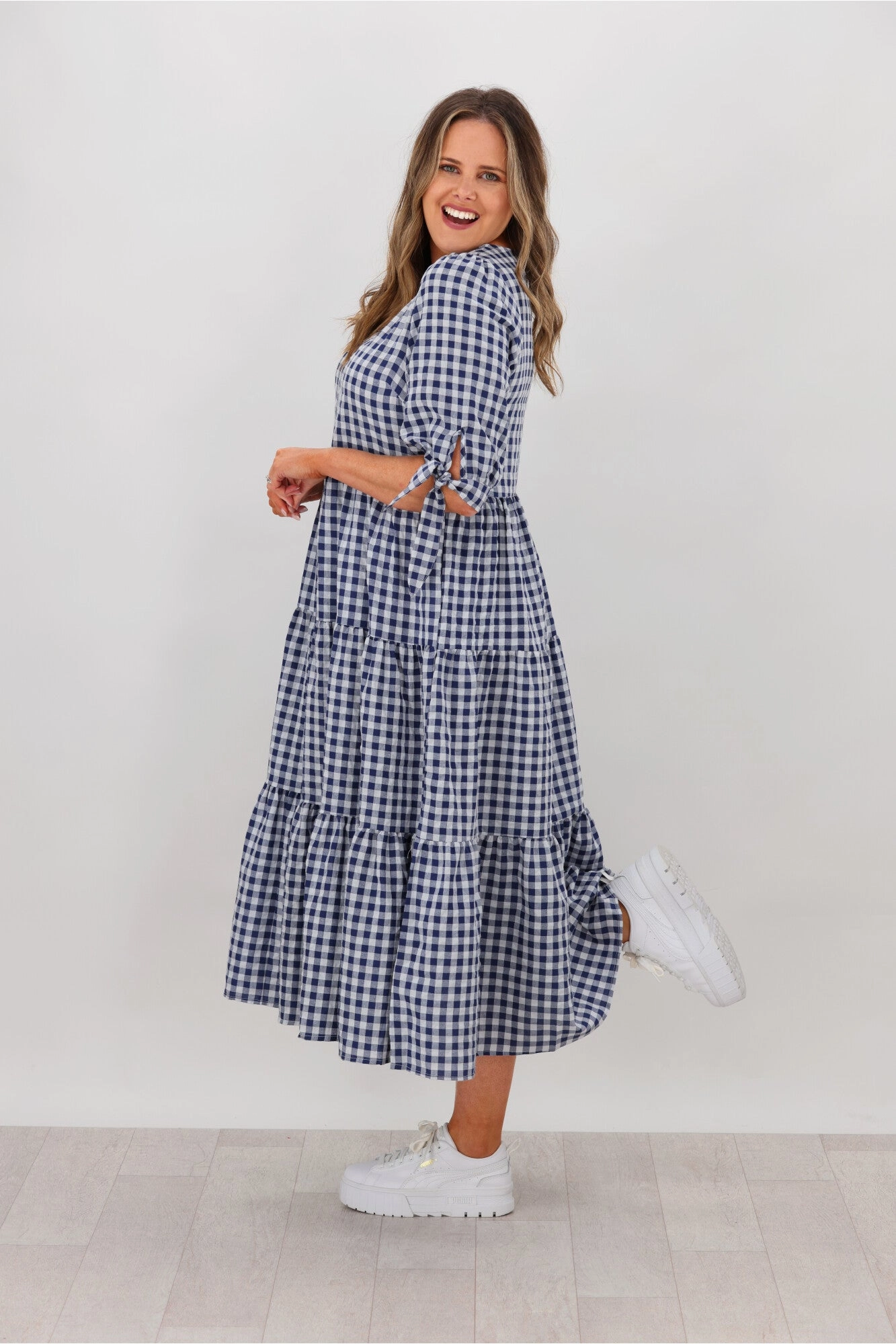 Silver Wishes Gingham Tier Midi Dress Navy
