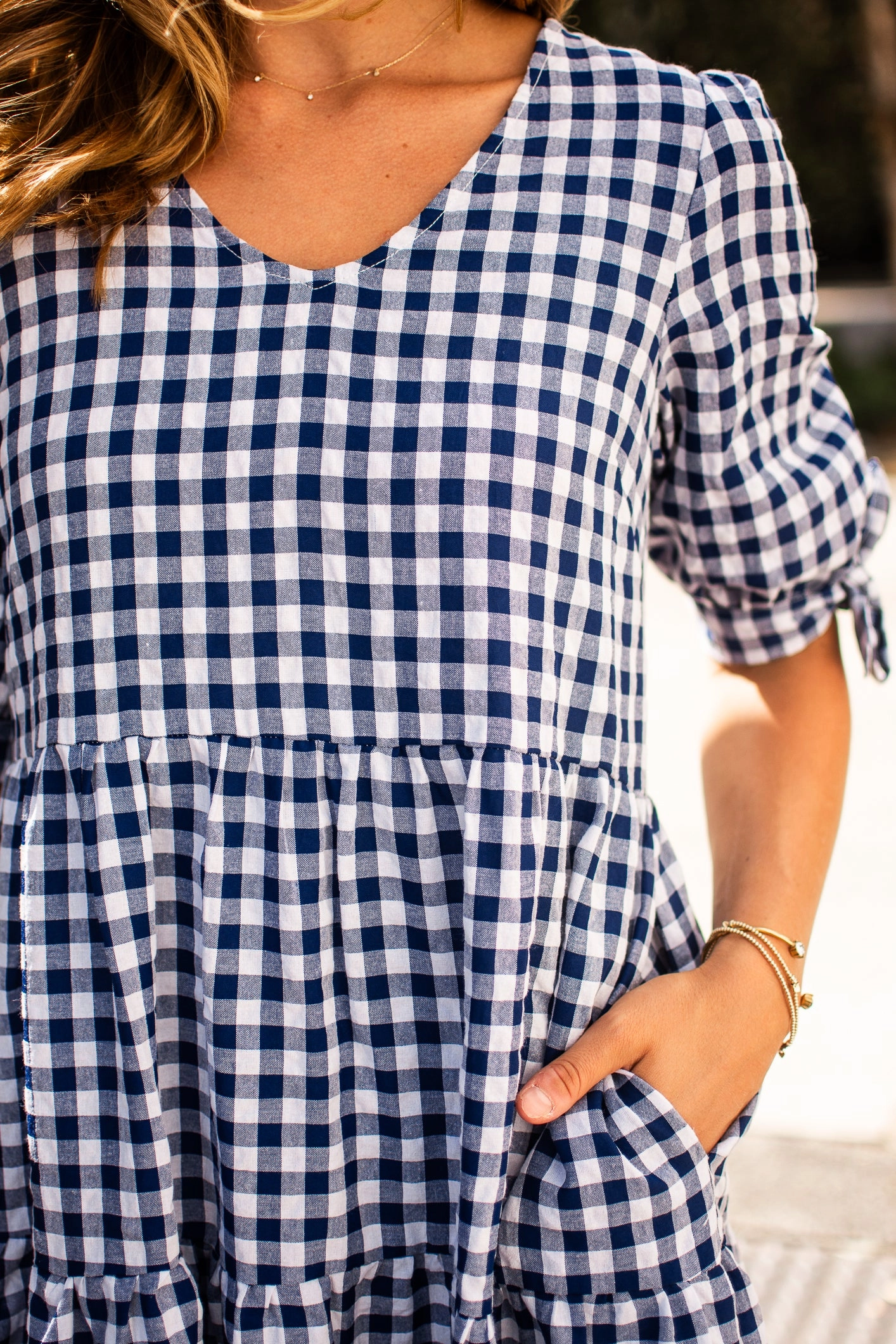 Silver Wishes Gingham Tier Midi Dress Navy