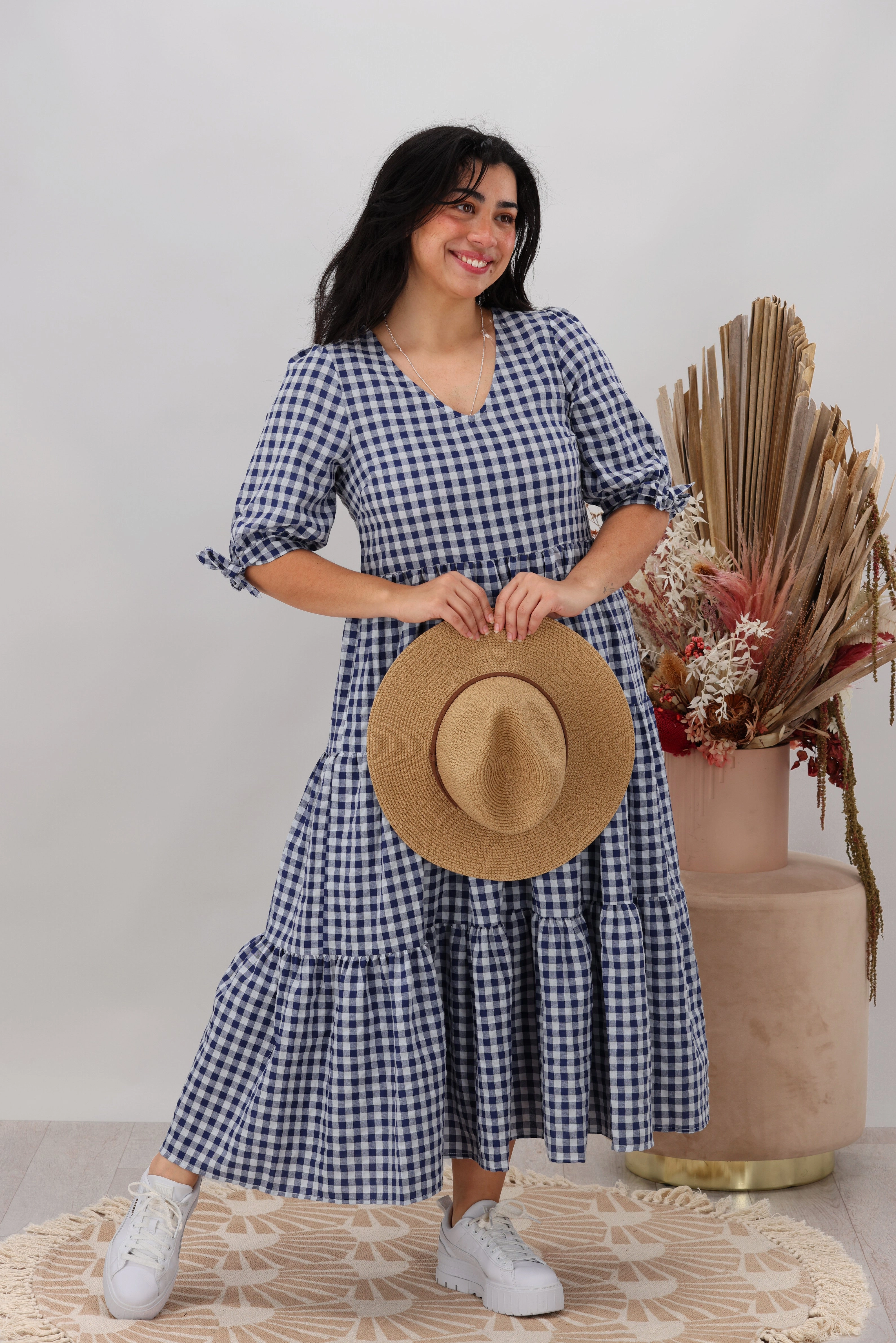 Silver Wishes Gingham Tier Midi Dress Navy