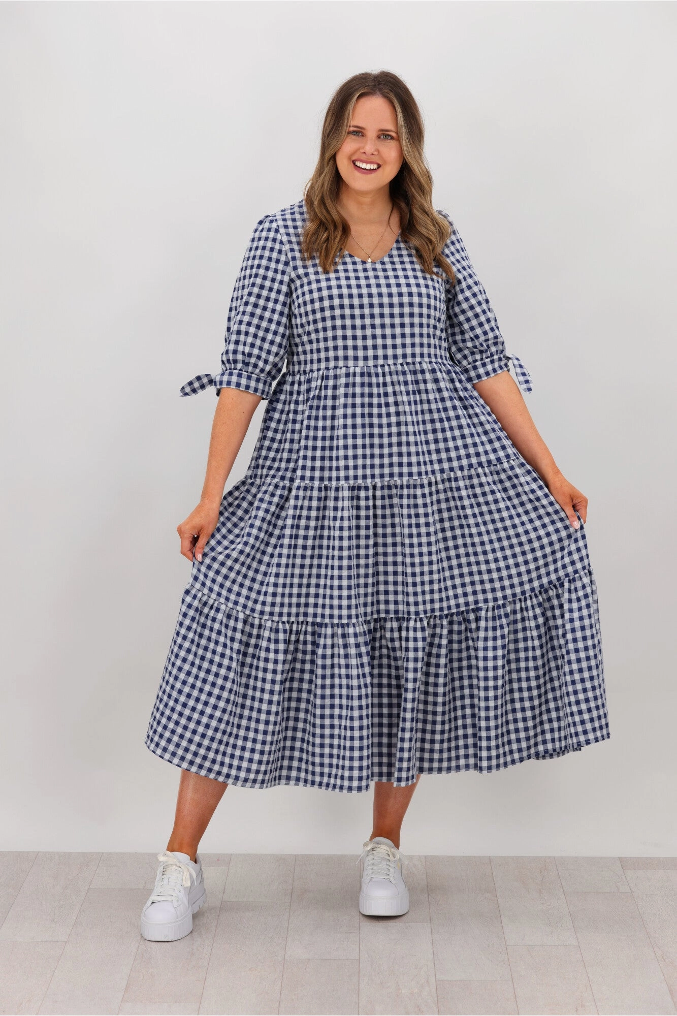 Silver Wishes Gingham Tier Midi Dress Navy