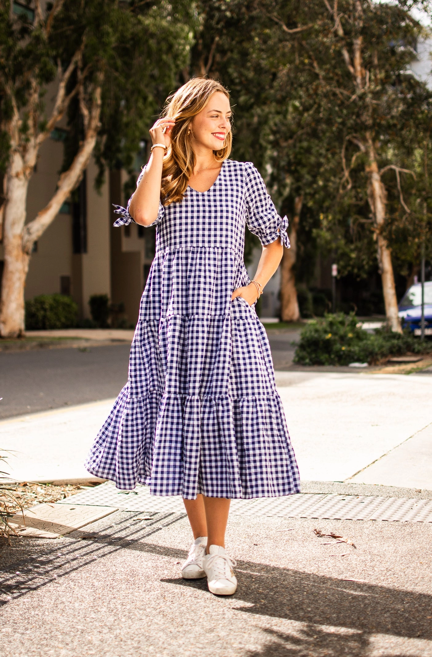 Silver Wishes Gingham Tier Midi Dress Navy