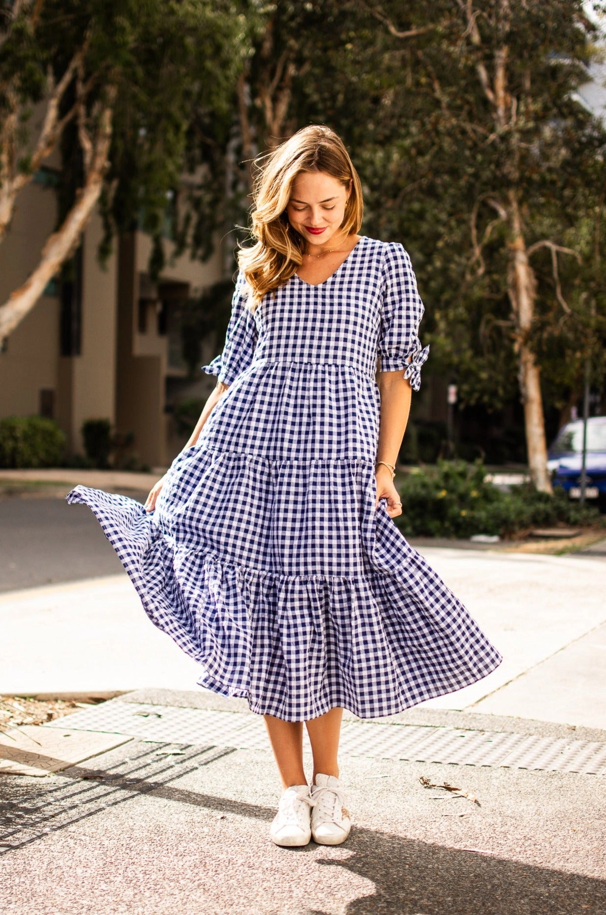 Silver Wishes Gingham Tier Midi Dress Navy