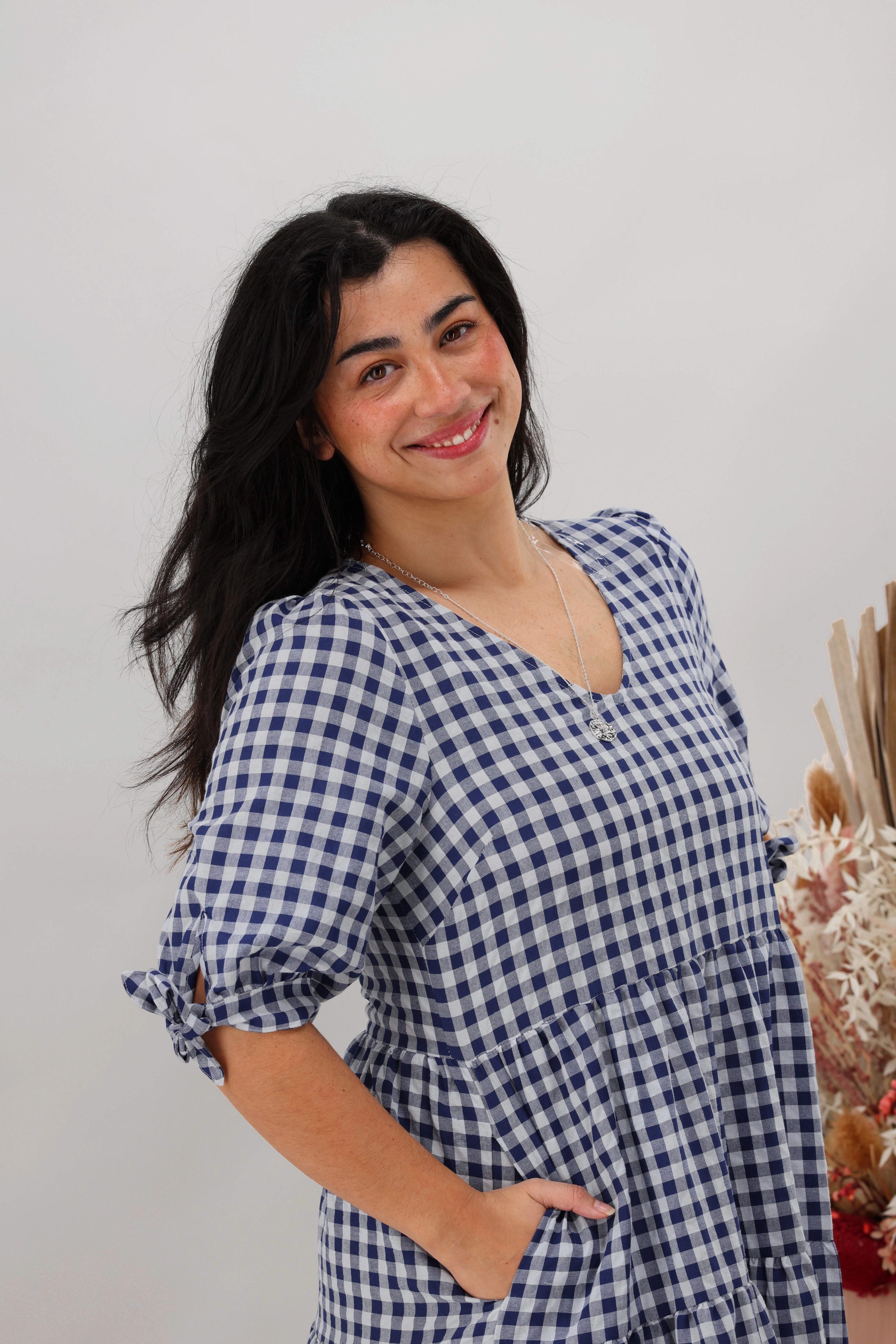 Silver Wishes Gingham Tier Midi Dress Navy