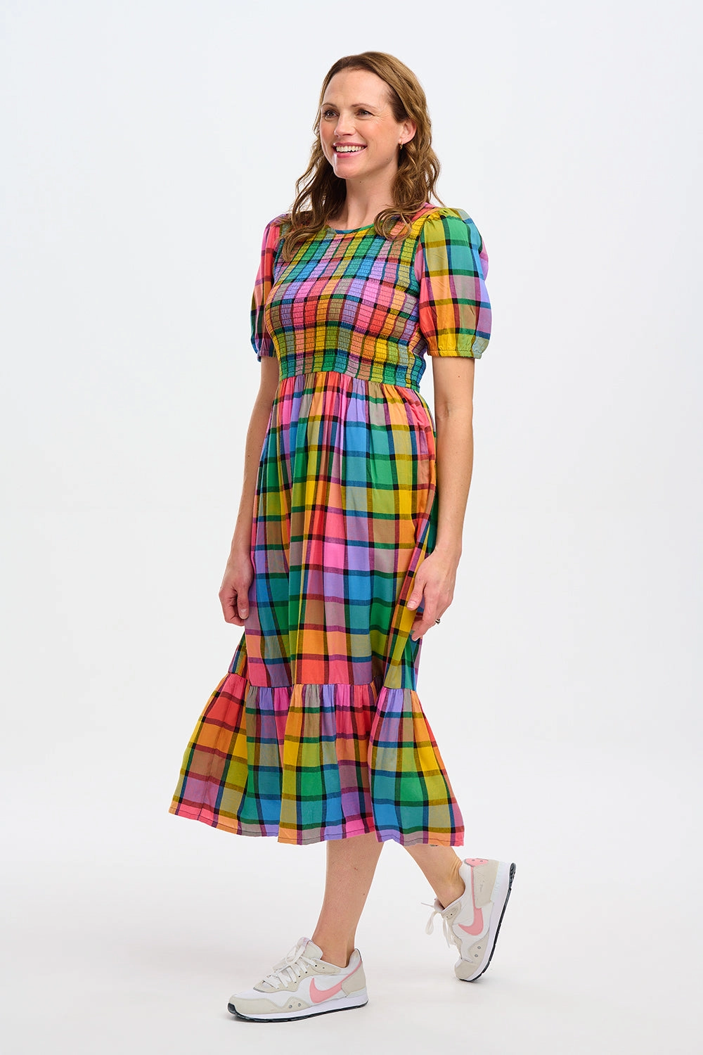 Sugarhill Yolanda Midi Shirred Dress Summer Rainbow Check Multi