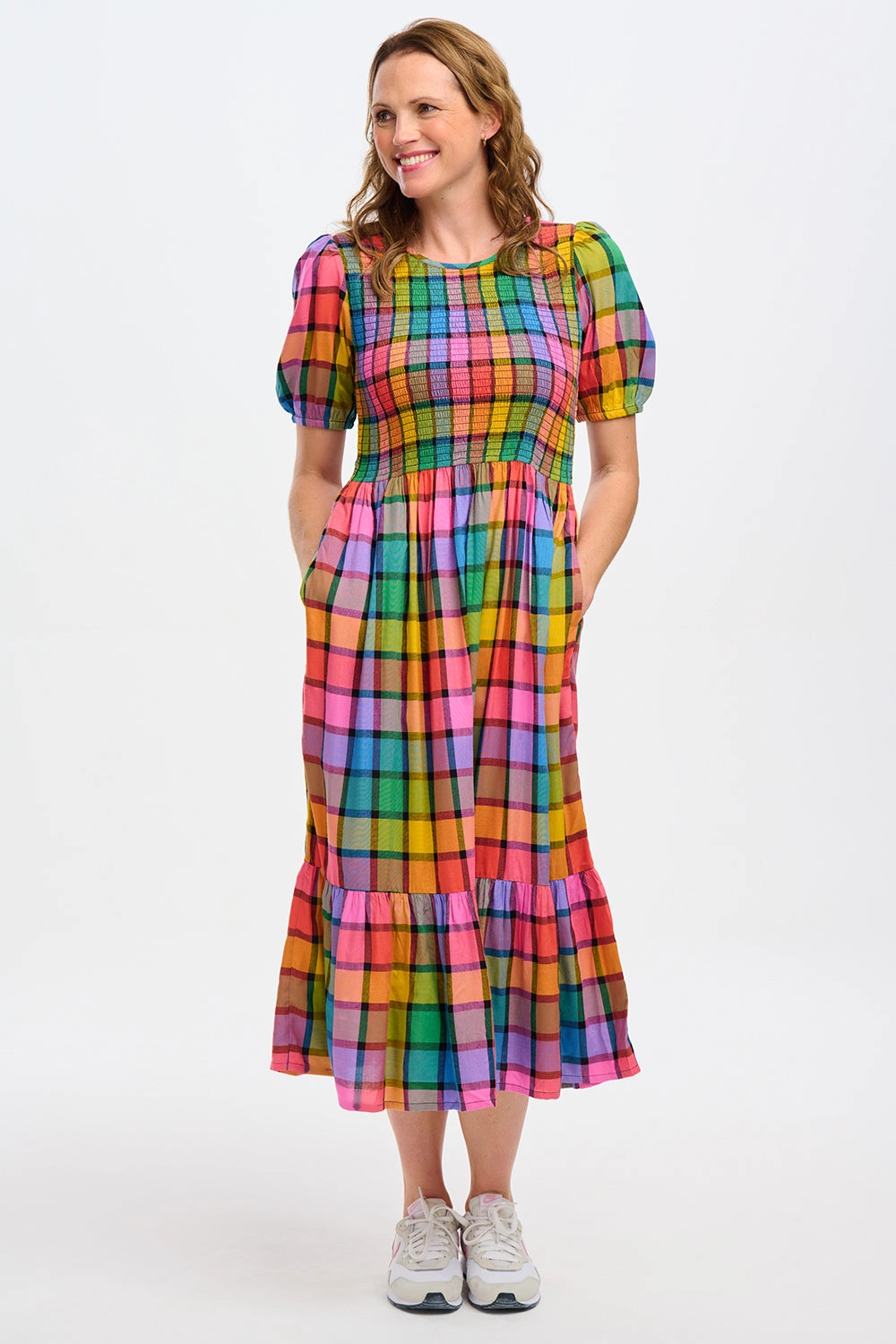Sugarhill Yolanda Midi Shirred Dress Summer Rainbow Check Multi