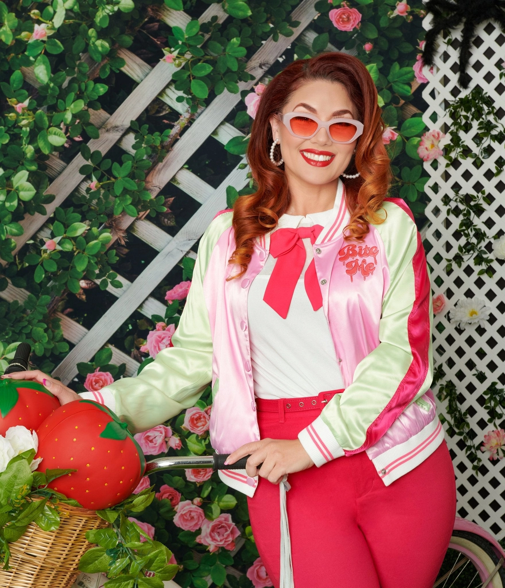 Unique Vintage Plus Size Pink & Green Bite Me Satin Bomber Jacket