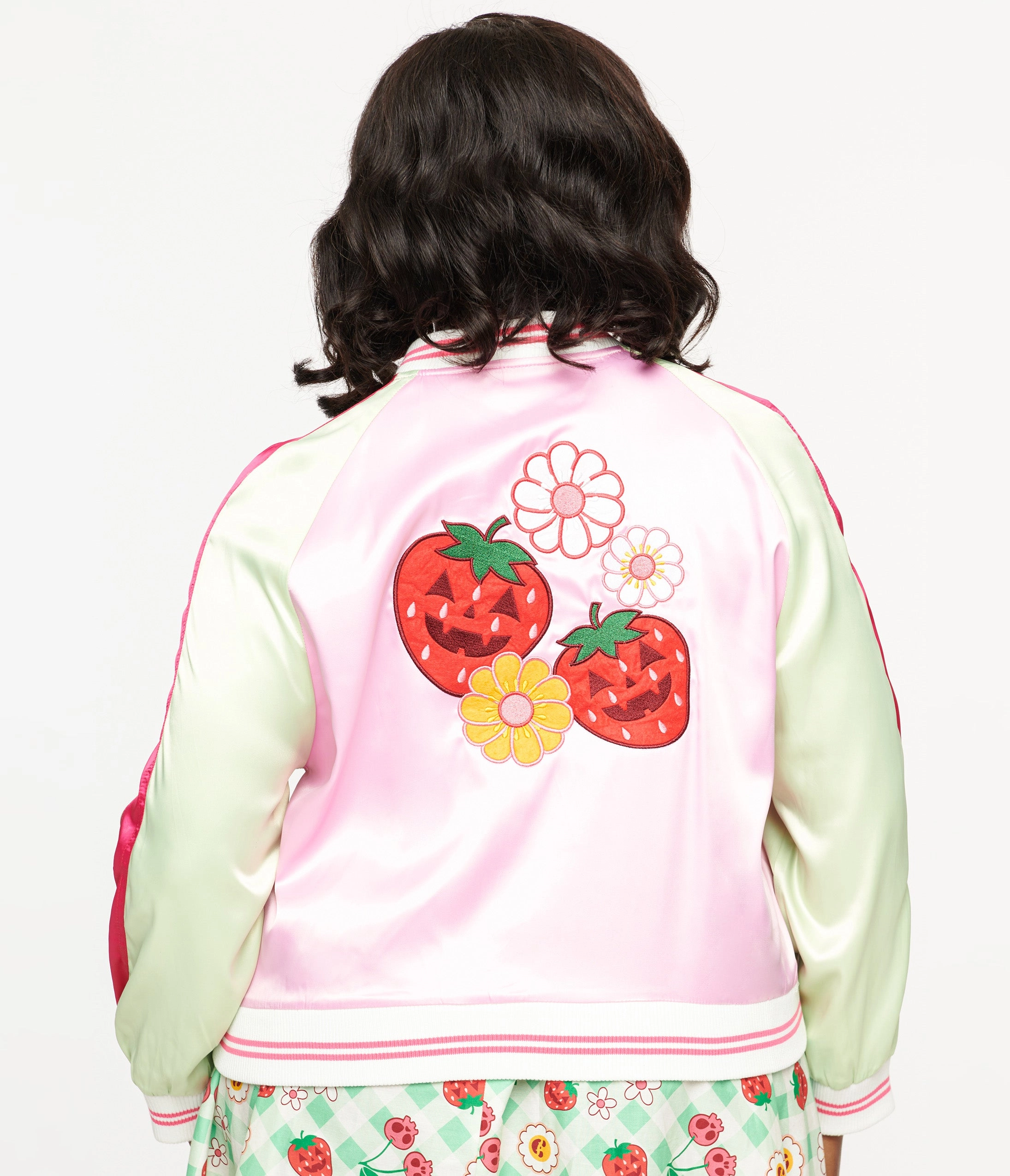 Unique Vintage Plus Size Pink & Green Bite Me Satin Bomber Jacket