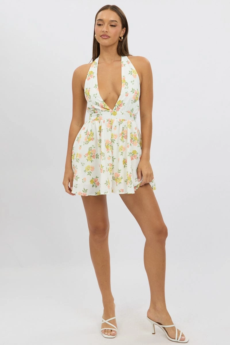 White Floral Playsuit Halter Neck