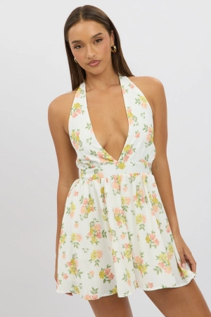 White Floral Playsuit Halter Neck