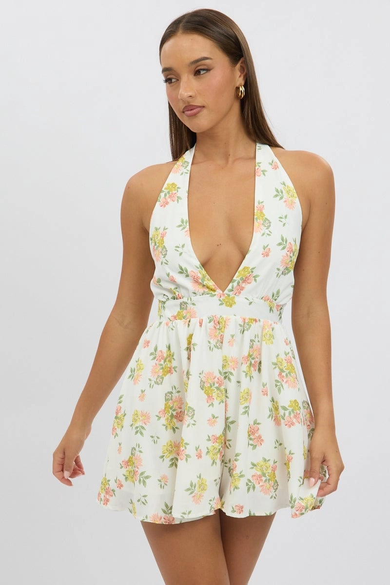 White Floral Playsuit Halter Neck