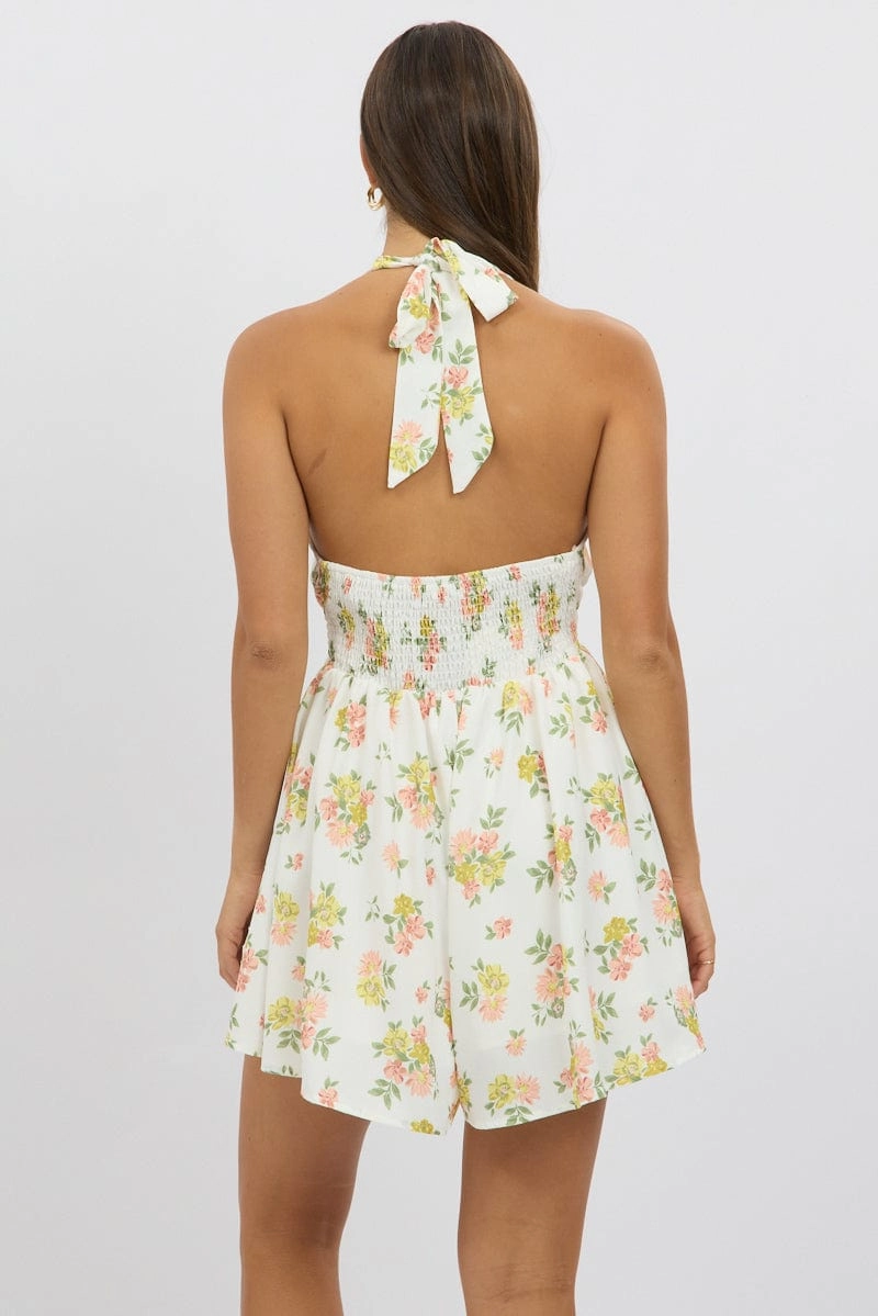 White Floral Playsuit Halter Neck