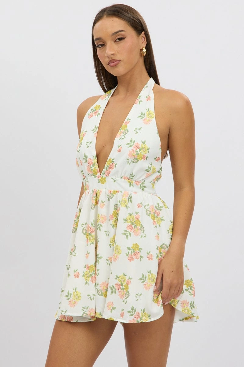 White Floral Playsuit Halter Neck