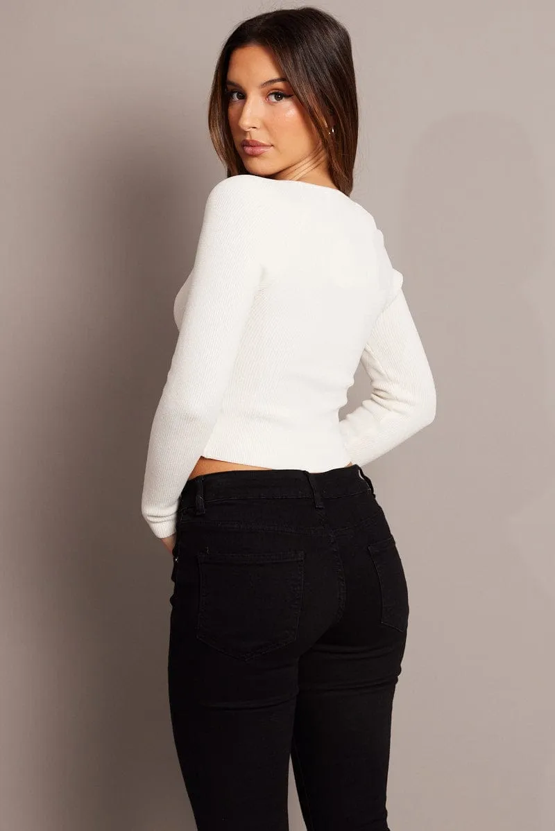 White Knit Top Long Sleeve Sweatheart Neck