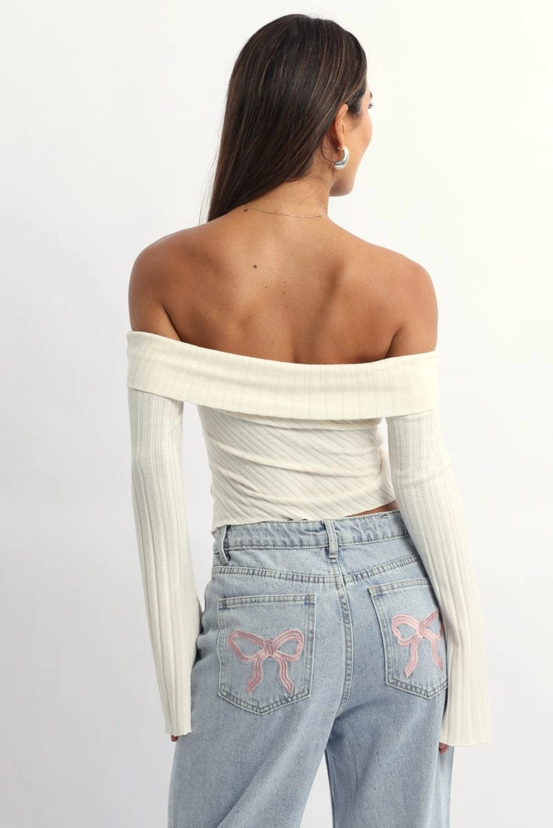 White Off Shoulder Top Long Sleeve Ruched