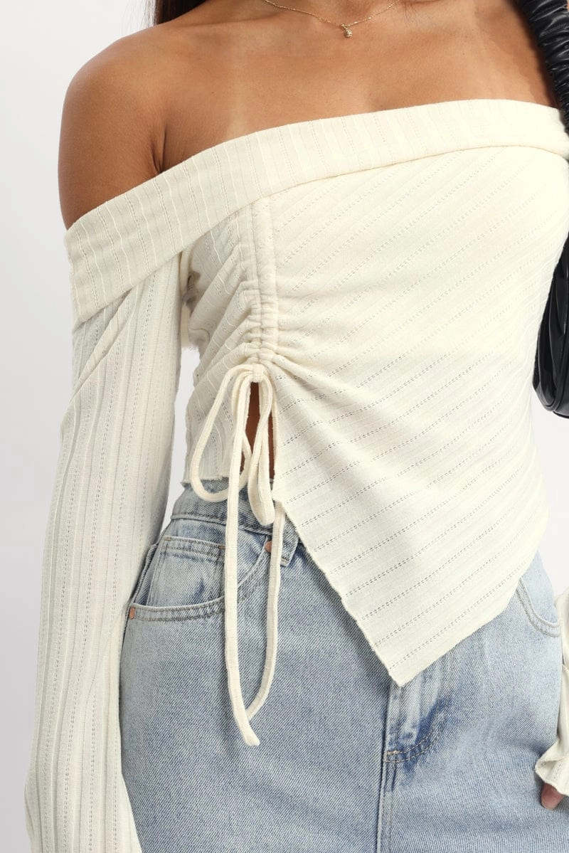 White Off Shoulder Top Long Sleeve Ruched