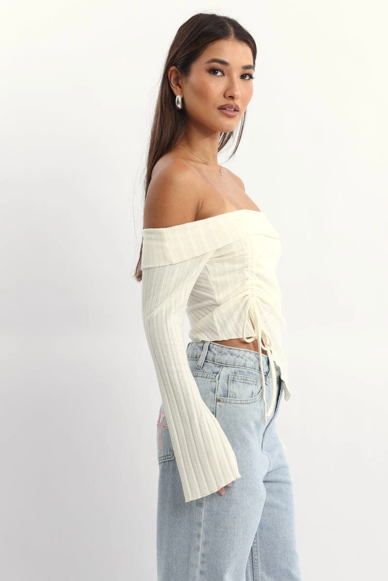 White Off Shoulder Top Long Sleeve Ruched