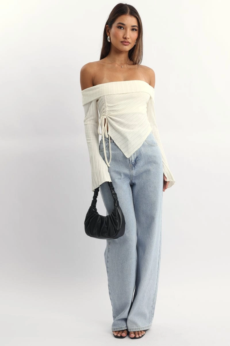 White Off Shoulder Top Long Sleeve Ruched
