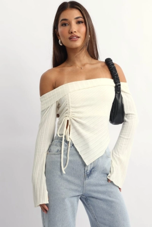 White Off Shoulder Top Long Sleeve Ruched