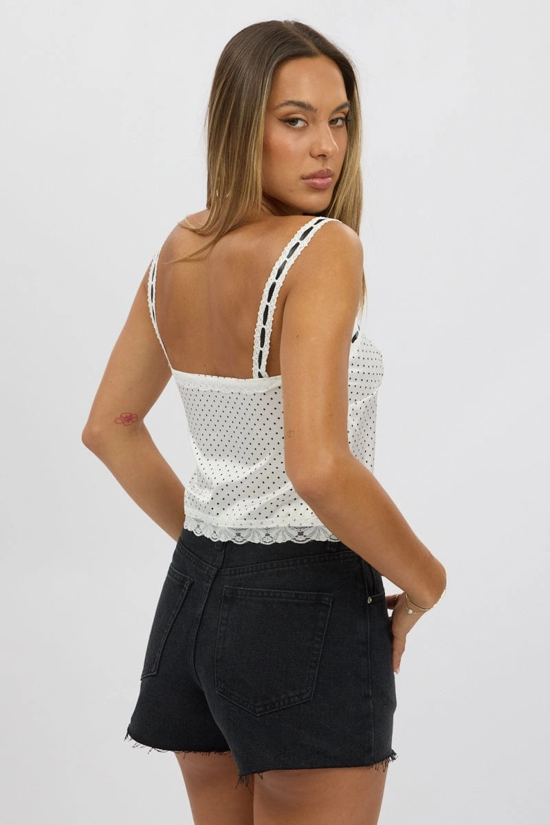 White Polka Dot Cami Top Open Front Ribbon