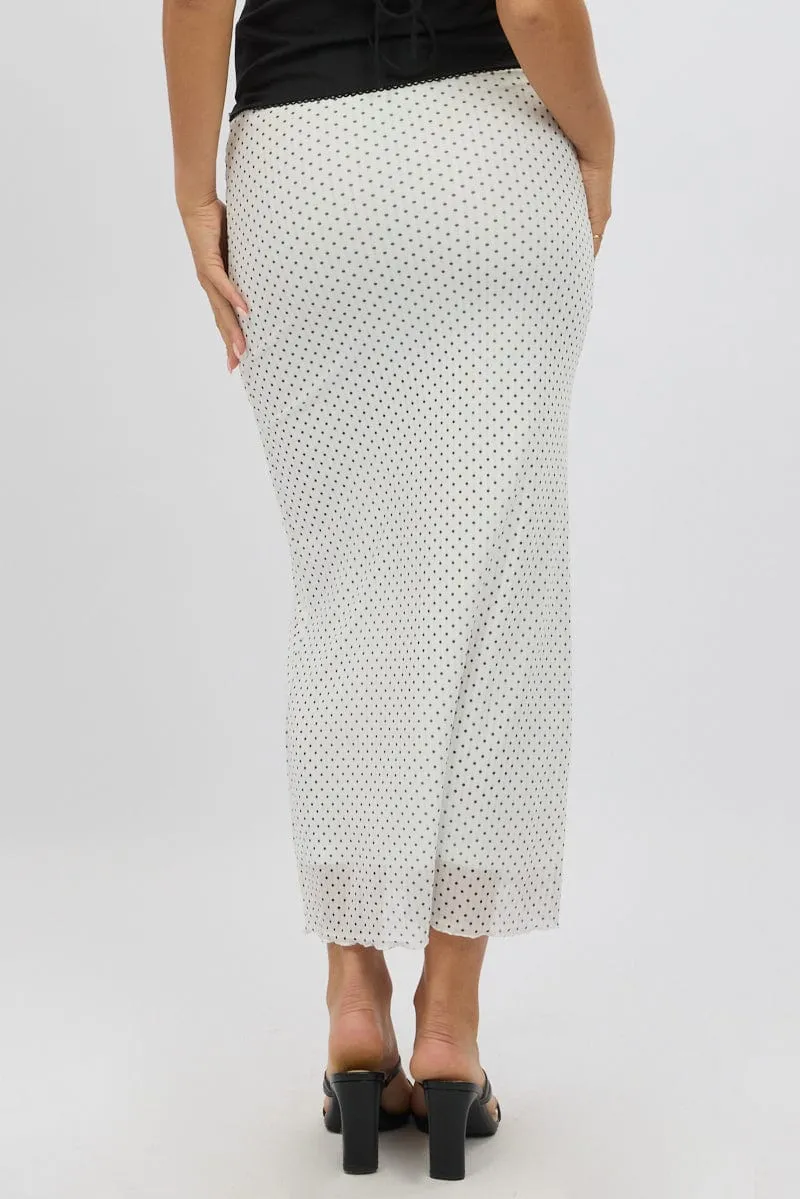 White Polka Dot Mesh Skirt Elasticated Picot Trim Midaxi