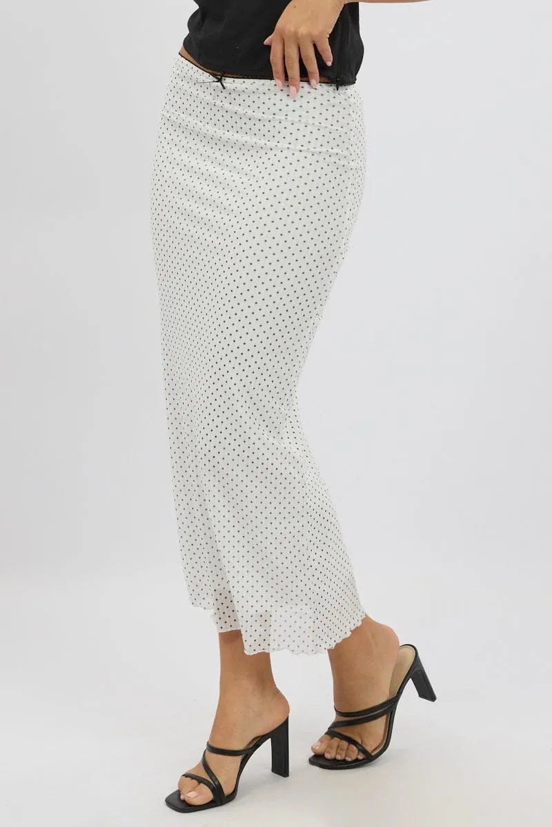 White Polka Dot Mesh Skirt Elasticated Picot Trim Midaxi