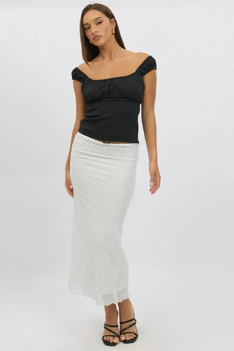 White Polka Dot Mesh Skirt Elasticated Picot Trim Midaxi